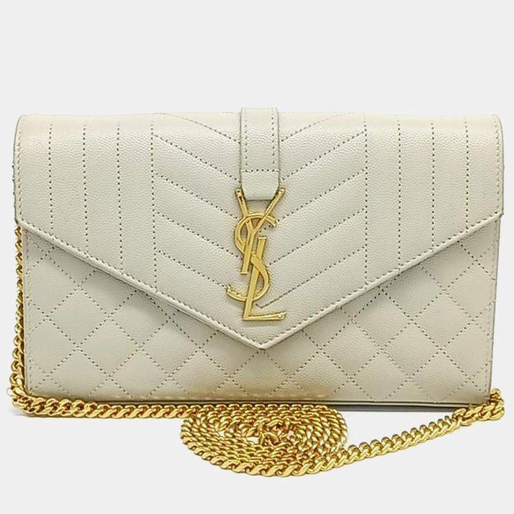 Pre Owned Saint Laurent Paris Cream Leather Mix Matrasse Monogram Chain Crossbody Bag