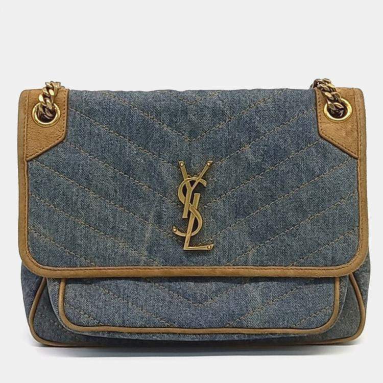 Pre Owned Saint Laurent Paris Beige/Blue Denim Niki Monogram Shoulder Bag