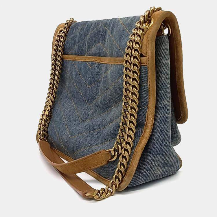 Pre Owned Saint Laurent Paris Beige/Blue Denim Niki Monogram Shoulder Bag