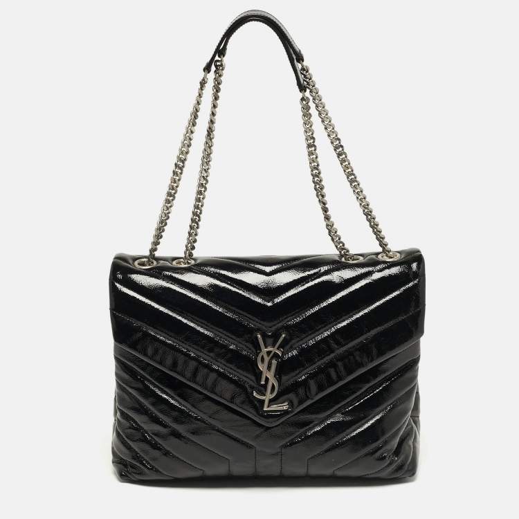 Pre Owned Saint Laurent LouLou Medium Black Matelassé Patent Leather Shoulder Bag