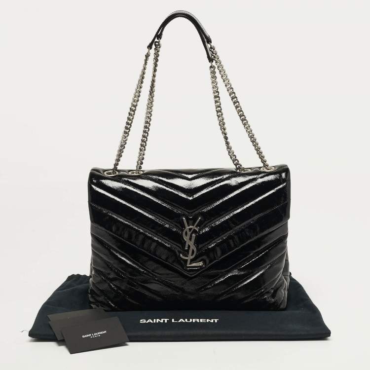 Pre Owned Saint Laurent LouLou Medium Black Matelassé Patent Leather Shoulder Bag