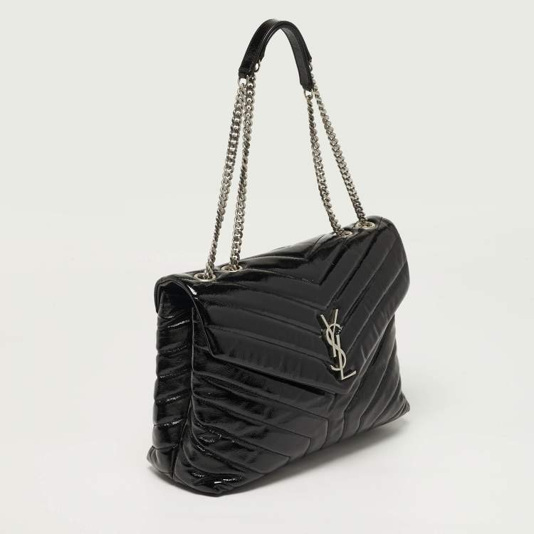 Pre Owned Saint Laurent LouLou Medium Black Matelassé Patent Leather Shoulder Bag