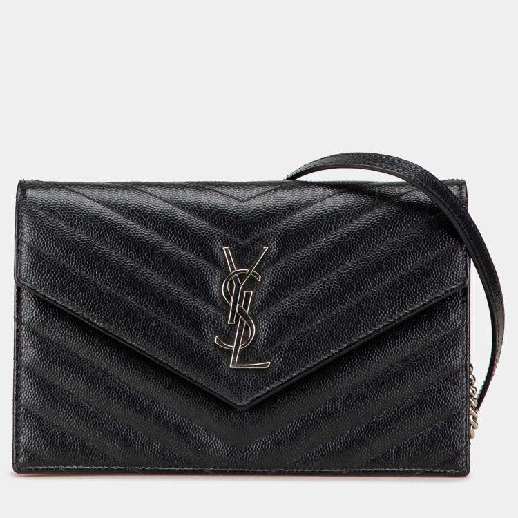 Pre Owned Saint Laurent Paris Black Grain De Poudre Matelasse Chevron Monogram Chain Wallet