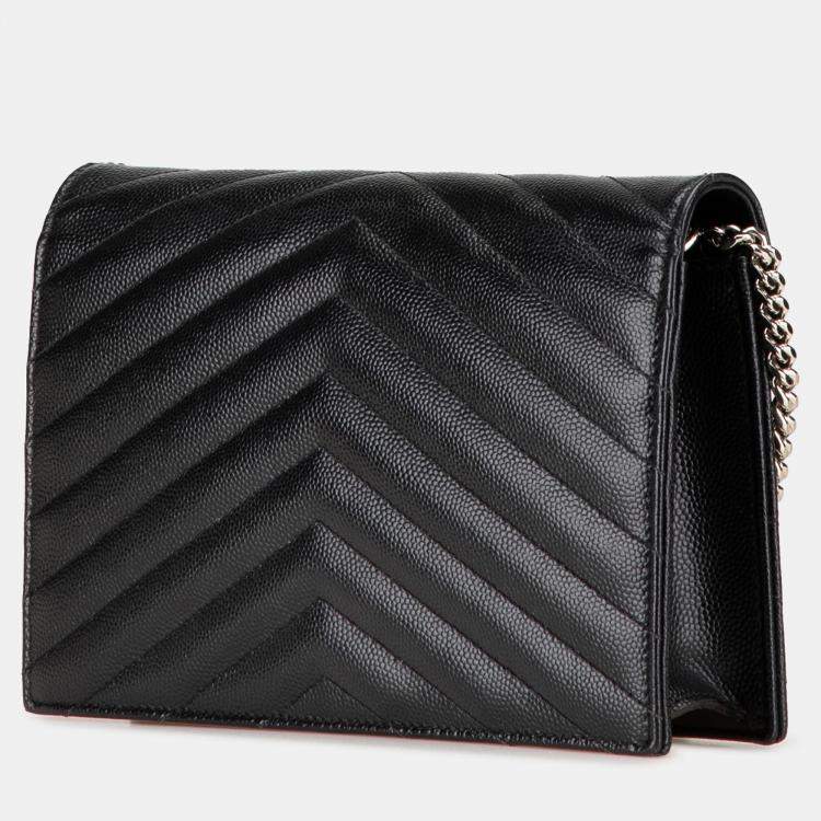 Pre Owned Saint Laurent Paris Black Grain De Poudre Matelasse Chevron Monogram Chain Wallet