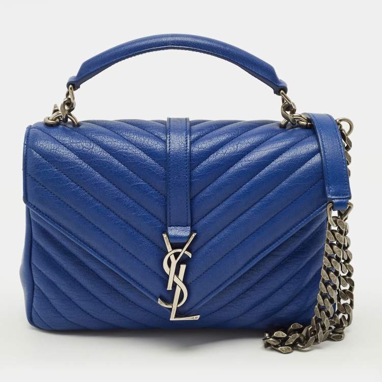 Pre Owned Saint Laurent College Medium Blue Matelassé Leather Top Handle Bag