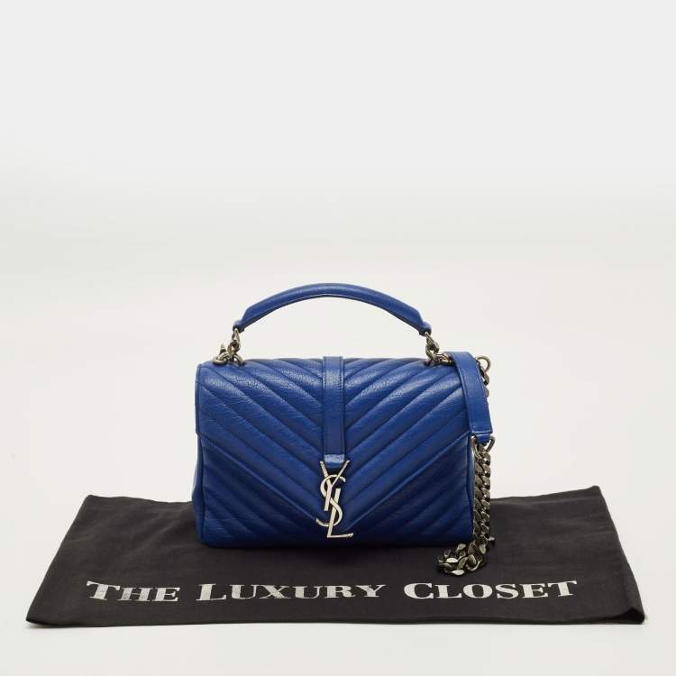 Pre Owned Saint Laurent College Medium Blue Matelassé Leather Top Handle Bag