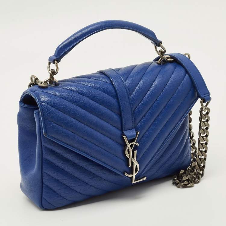 Pre Owned Saint Laurent College Medium Blue Matelassé Leather Top Handle Bag