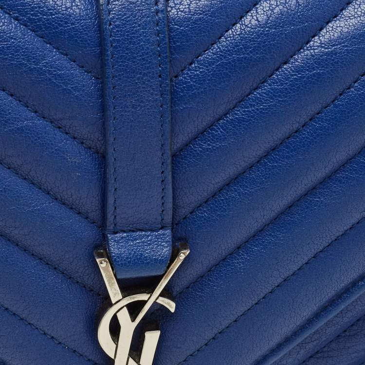 Pre Owned Saint Laurent College Medium Blue Matelassé Leather Top Handle Bag