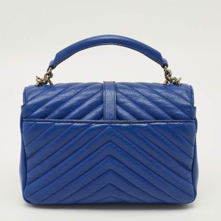 Pre Owned Saint Laurent College Medium Blue Matelassé Leather Top Handle Bag