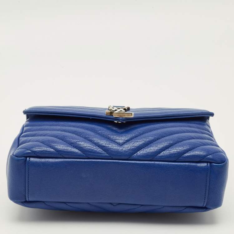 Pre Owned Saint Laurent College Medium Blue Matelassé Leather Top Handle Bag