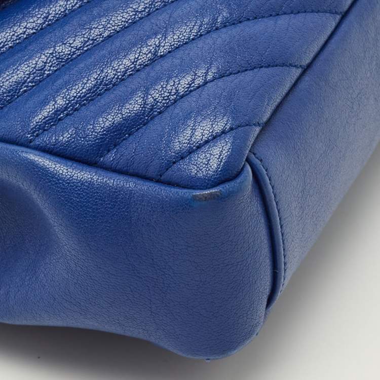 Pre Owned Saint Laurent College Medium Blue Matelassé Leather Top Handle Bag