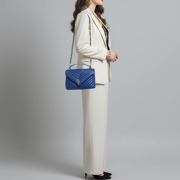 Pre Owned Saint Laurent College Medium Blue Matelassé Leather Top Handle Bag
