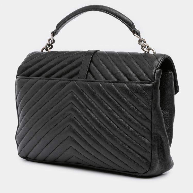 Pre Owned Saint Laurent Paris Black Large Chevron Sheepskin Monogram College Satchel