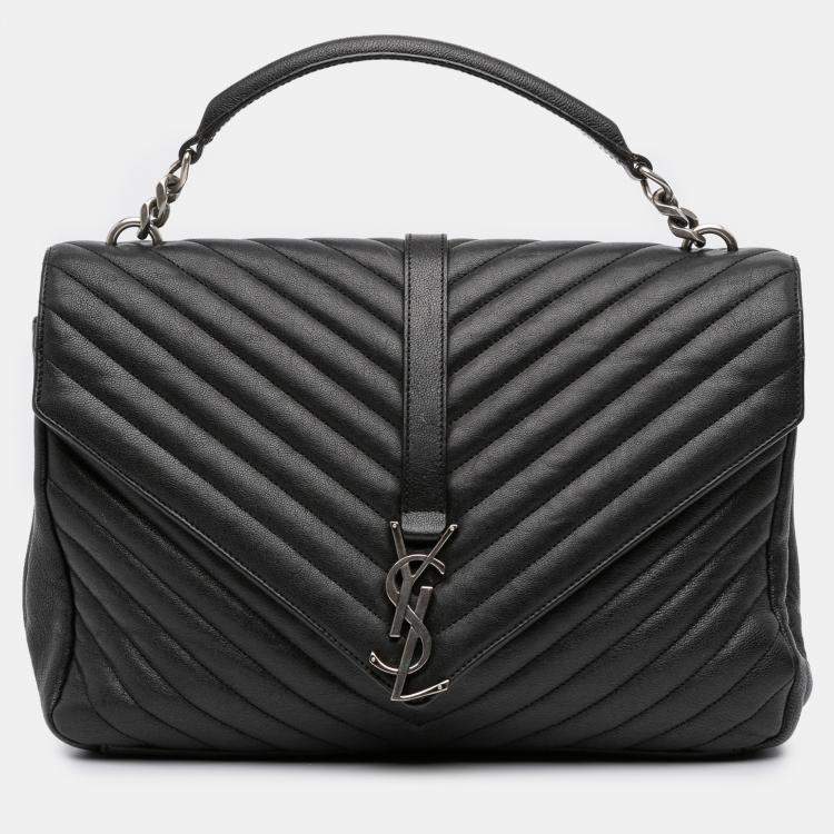 Pre Owned Saint Laurent Paris Black Large Chevron Sheepskin Monogram College Satchel