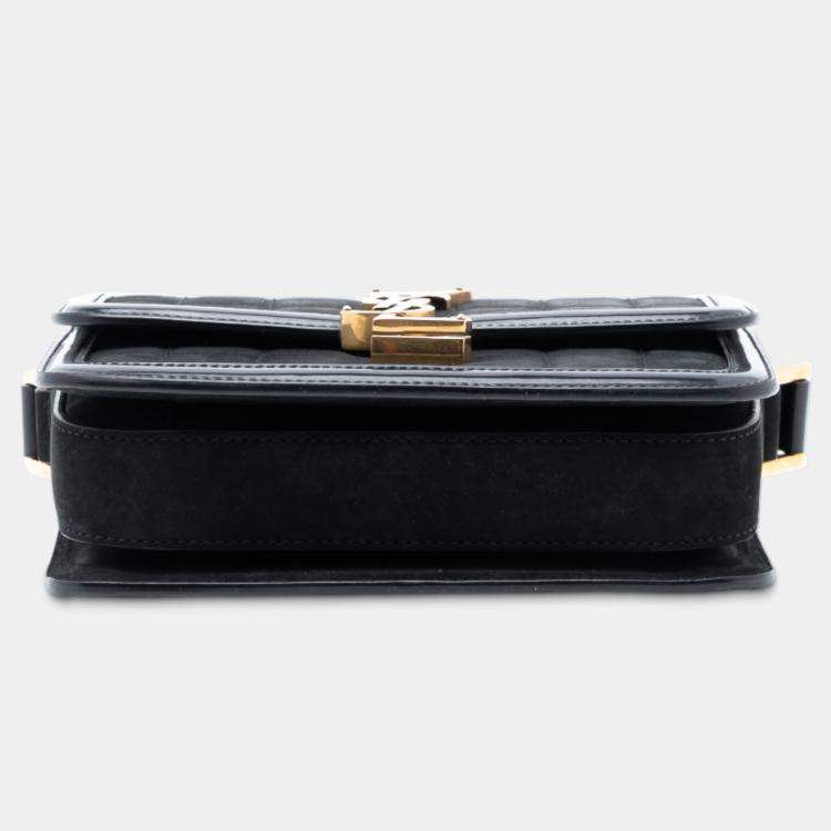 Pre Owned Saint Laurent Paris Black Small Quilted Suede Solferino Satchel In Box