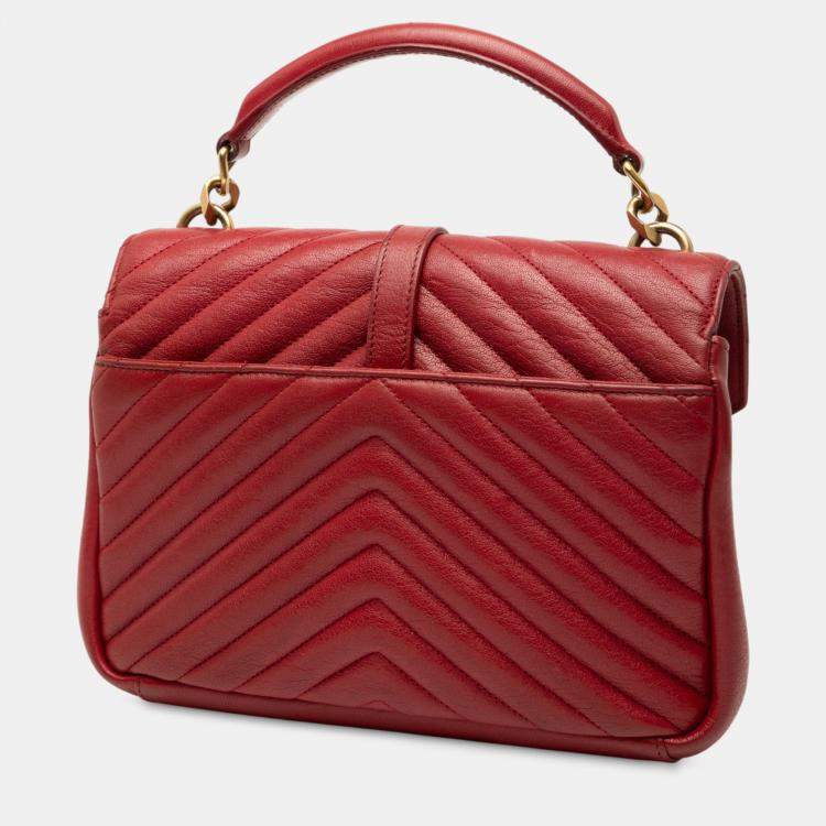 Pre Owned Saint Laurent Paris Red Medium Quilted Chevron Sheepskin College Satchel