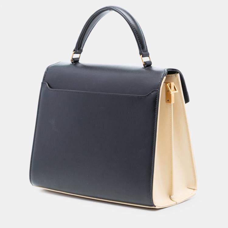 Pre Owned Saint Laurent Paris Black Brown Medium Bicolor Smooth Calfskin Classic Monogram Cassandra Top Handle Bag