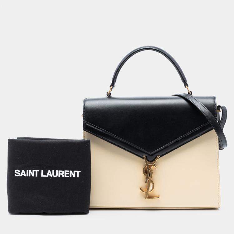 Pre Owned Saint Laurent Paris Black Brown Medium Bicolor Smooth Calfskin Classic Monogram Cassandra Top Handle Bag