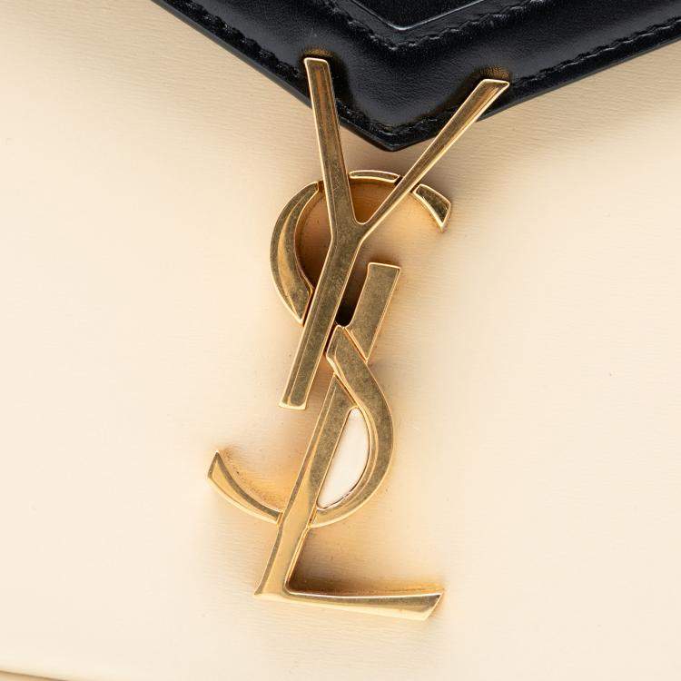 Pre Owned Saint Laurent Paris Black Brown Medium Bicolor Smooth Calfskin Classic Monogram Cassandra Top Handle Bag