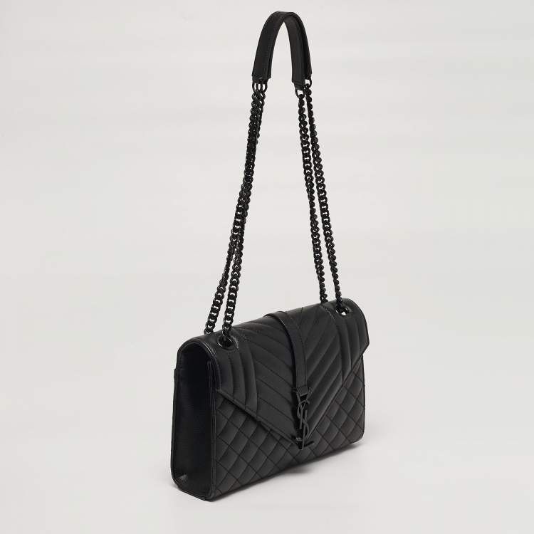 Pre Owned Saint Laurent Envelope Chain Mix Medium Black Matelasse Leather Bag