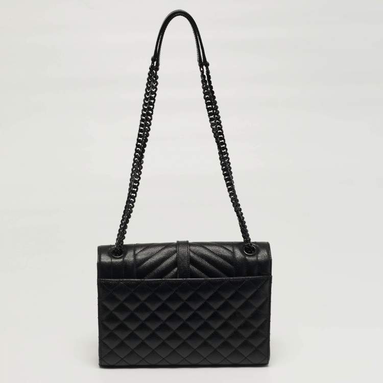 Pre Owned Saint Laurent Envelope Chain Mix Medium Black Matelasse Leather Bag