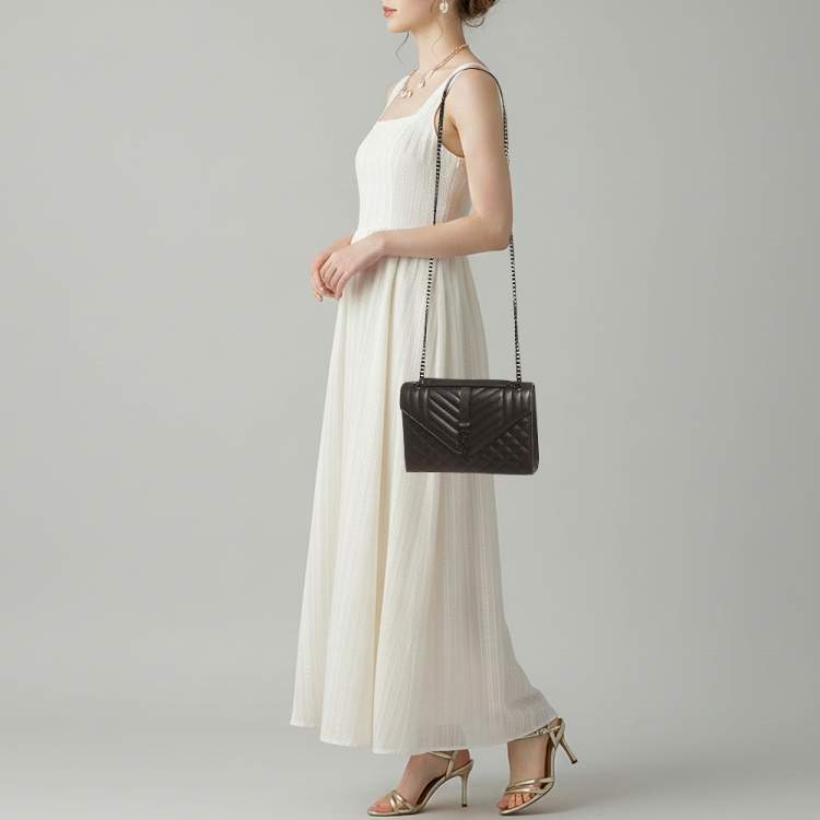 Pre Owned Saint Laurent Envelope Chain Mix Medium Black Matelasse Leather Bag