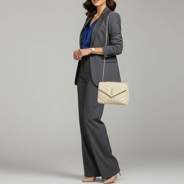 Pre Owned Saint Laurent Loulou Small Light Beige Matelassé Leather Shoulder Bag