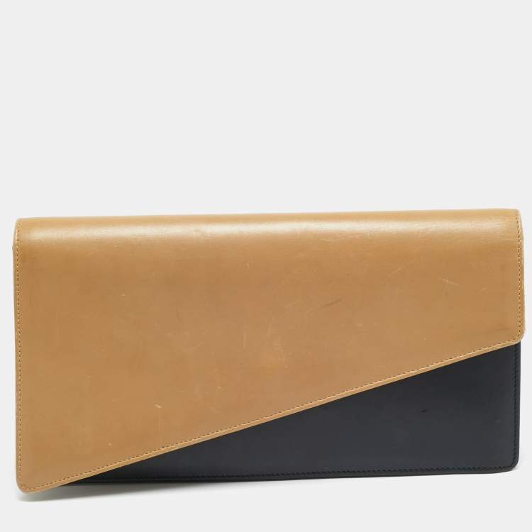 Pre Owned Saint Laurent Diagonal Beige/Black Leather Clutch