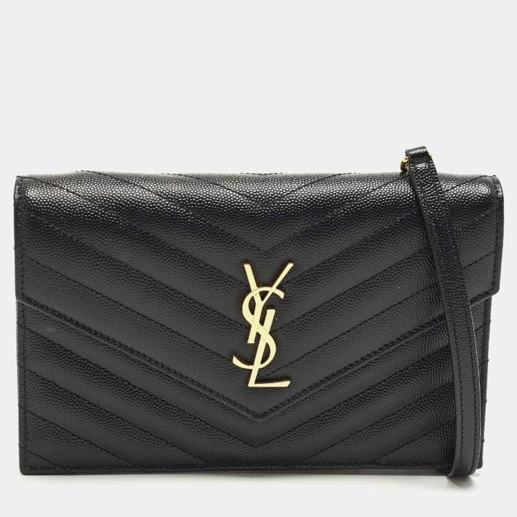 Pre Owned Saint Laurent Cassandre Black Quilted Leather Wallet On Chain