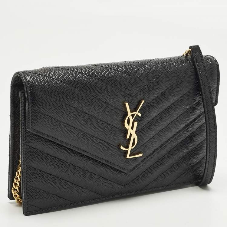 Pre Owned Saint Laurent Cassandre Black Quilted Leather Wallet On Chain