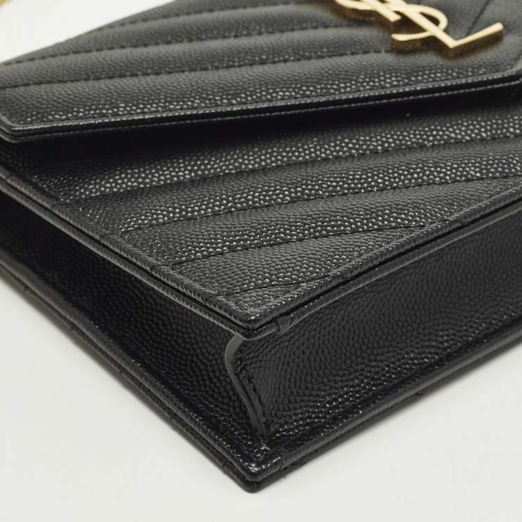 Pre Owned Saint Laurent Cassandre Black Quilted Leather Wallet On Chain