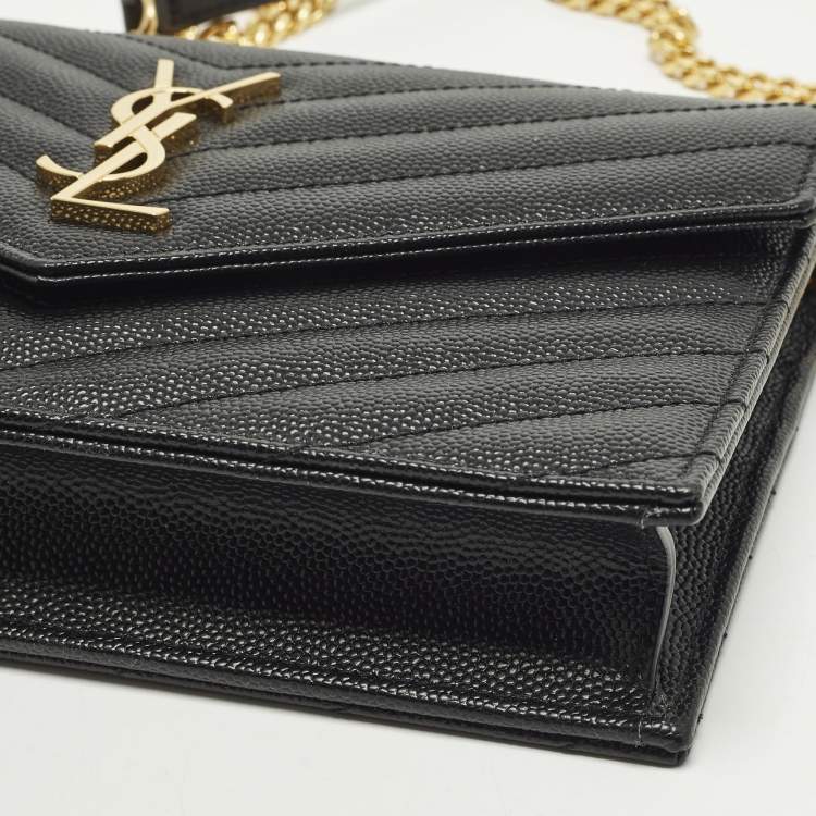 Pre Owned Saint Laurent Cassandre Black Quilted Leather Wallet On Chain