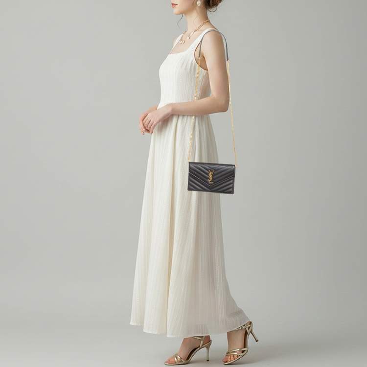 Pre Owned Saint Laurent Cassandre Black Quilted Leather Wallet On Chain