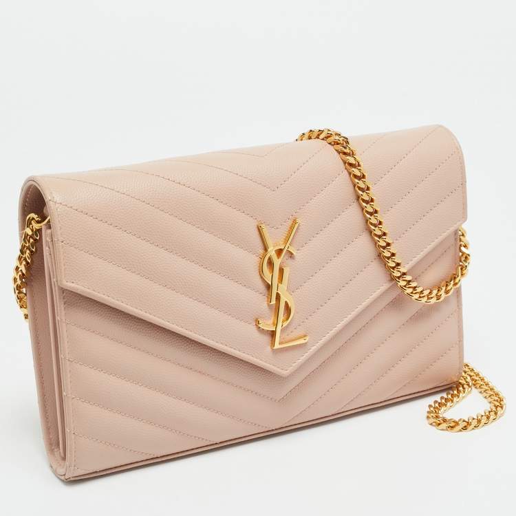 Pre Owned Saint Laurent Cassandre Pink Matelassé Leather Wallet on Chain