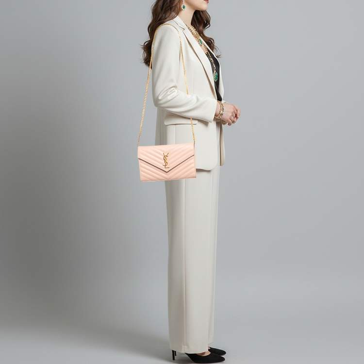 Pre Owned Saint Laurent Cassandre Pink Matelassé Leather Wallet on Chain