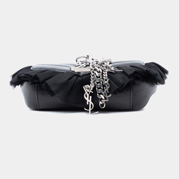 Pre Owned Saint Laurent Paris Black Baby Goatskin Tulle Chevron Monogram Classic Punk Chain Bag