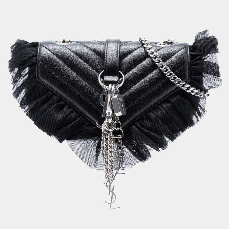 Pre Owned Saint Laurent Paris Black Baby Goatskin Tulle Chevron Monogram Classic Punk Chain Bag