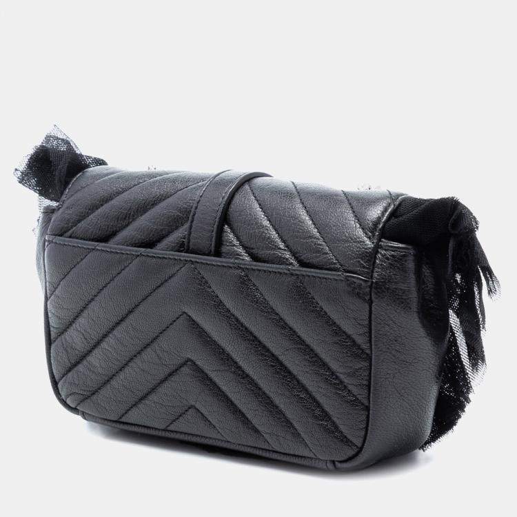 Pre Owned Saint Laurent Paris Black Baby Goatskin Tulle Chevron Monogram Classic Punk Chain Bag