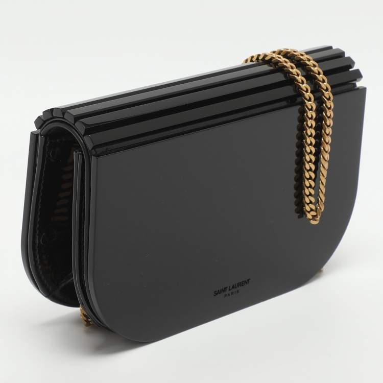 Pre Owned Saint Laurent Paris Mini Black Patent Leather and Plexiglass Chain Clutch Bag
