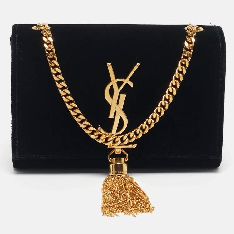 Pre Owned Saint Laurent Kate Tassel Small Black Velvet Crossbody Bag