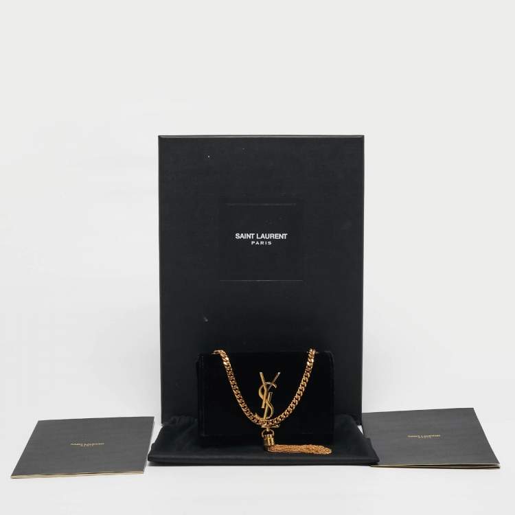 Pre Owned Saint Laurent Kate Tassel Small Black Velvet Crossbody Bag