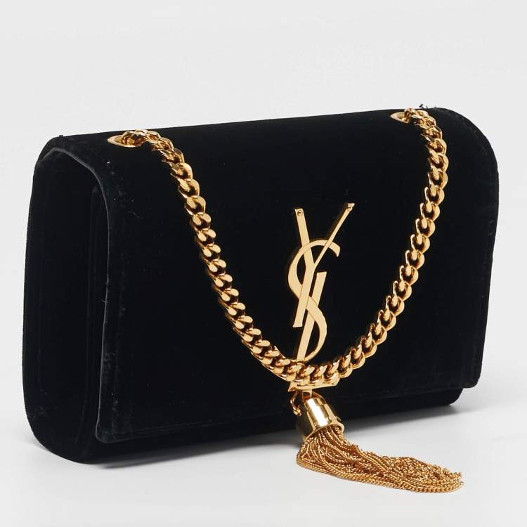Pre Owned Saint Laurent Kate Tassel Small Black Velvet Crossbody Bag