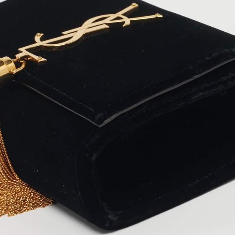 Pre Owned Saint Laurent Kate Tassel Small Black Velvet Crossbody Bag