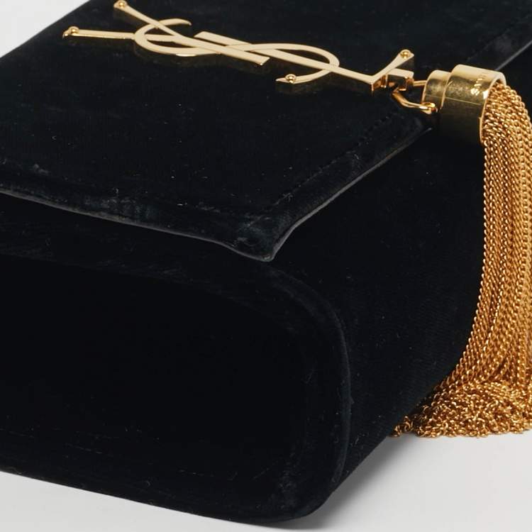 Pre Owned Saint Laurent Kate Tassel Small Black Velvet Crossbody Bag