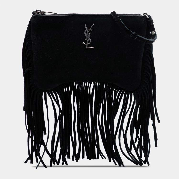 مملوكة مسبقًا Saint Laurent Paris Black Suede Monogram Fringe Crossbody