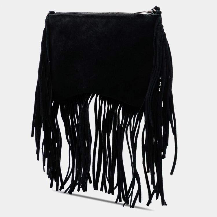 مملوكة مسبقًا Saint Laurent Paris Black Suede Monogram Fringe Crossbody