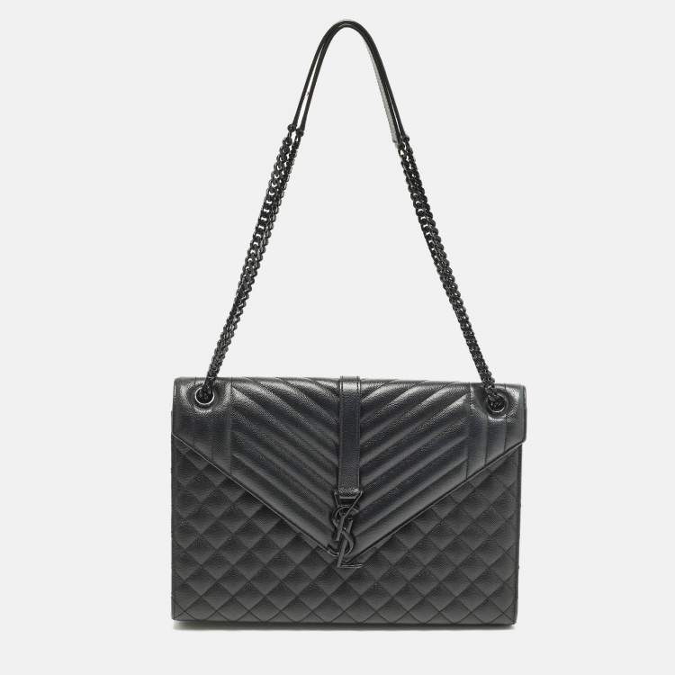 Pre Owned Saint Laurent Monogram Envelope Large Black Mixed Quilted Leather Shoulder Bag