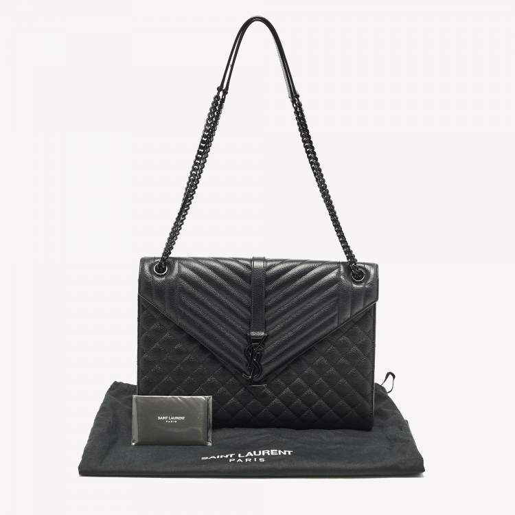 Pre Owned Saint Laurent Monogram Envelope Large Black Mixed Quilted Leather Shoulder Bag