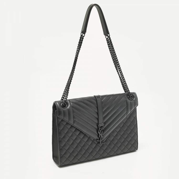 Pre Owned Saint Laurent Monogram Envelope Large Black Mixed Quilted Leather Shoulder Bag