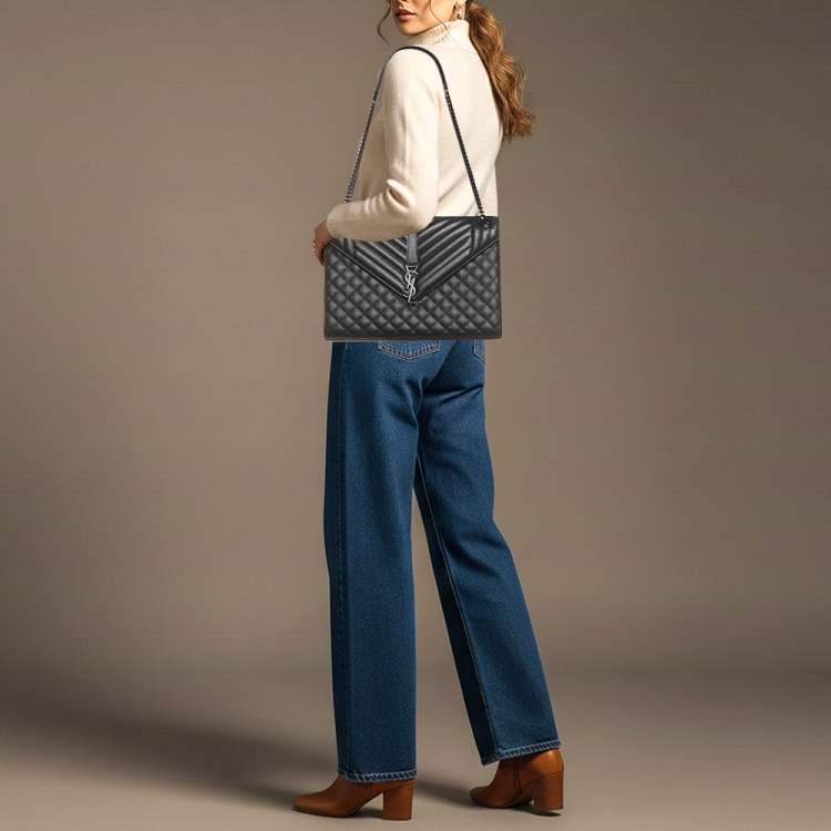 Pre Owned Saint Laurent Monogram Envelope Large Black Mixed Quilted Leather Shoulder Bag